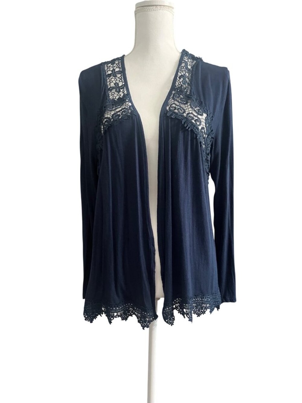 Navy Blue Crochet Lace Open Front Bohemian Long Sleeve Cardigan A&I Womens Large